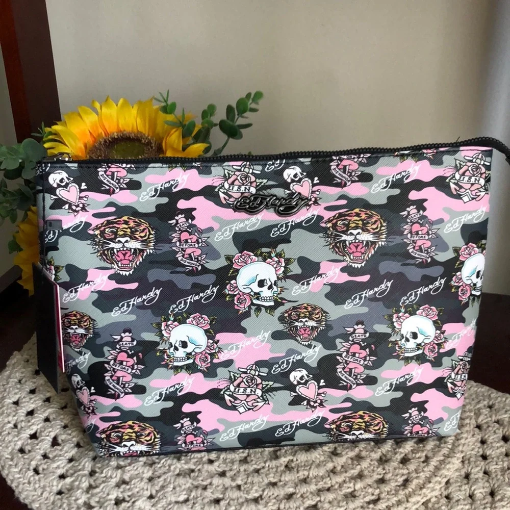 Ed Hardy Pink and Black Women's COSMETIC Case Bag